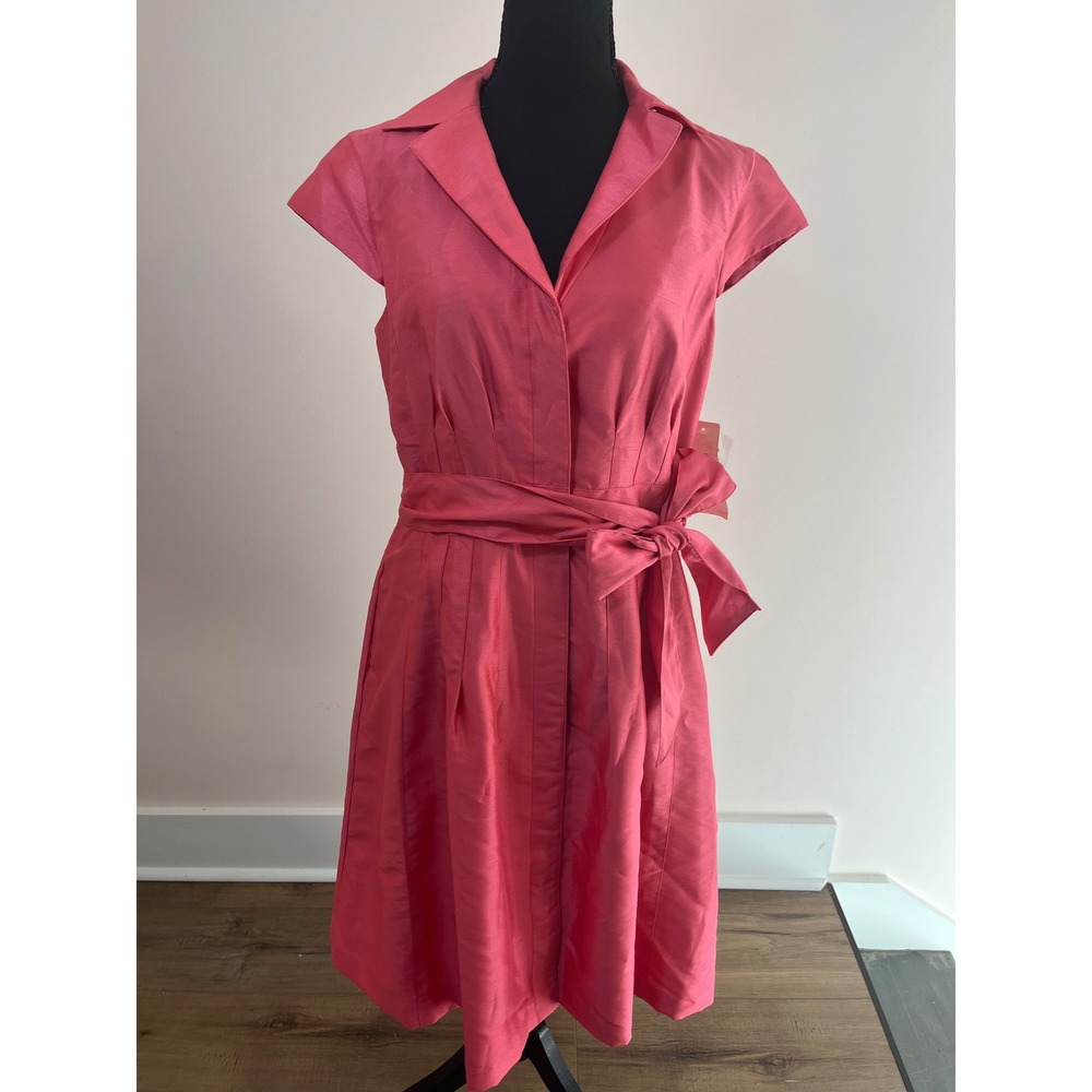 Kasper Women Pink Fit and Flare Dress Cap Sleeve Pleated Belted Peach Bud 10 NWT